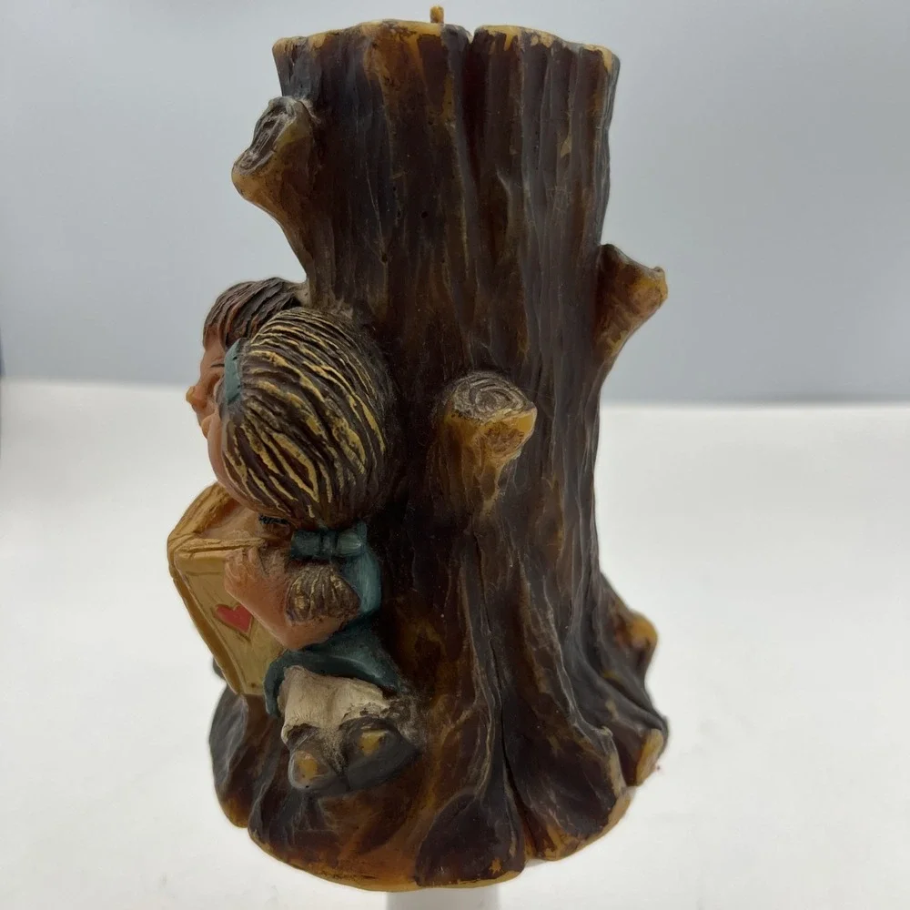 VTG Gunter Kerzen German Hand Carved Painted‎ Candle - Boy & Girl Reading Tree